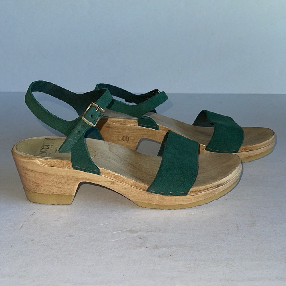 Sven Green Leather Suede Wooden Clog Sandals